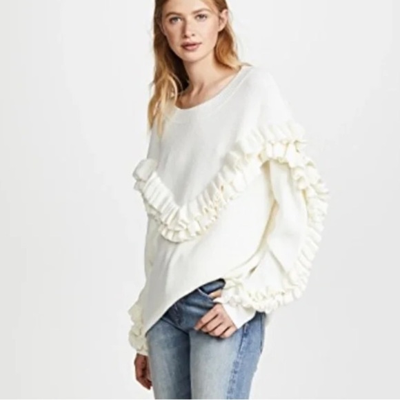 Frame Ruffle Yoke Ribbed Wool Blend Cream Knit Pullover Sweater - Picture 2 of 14